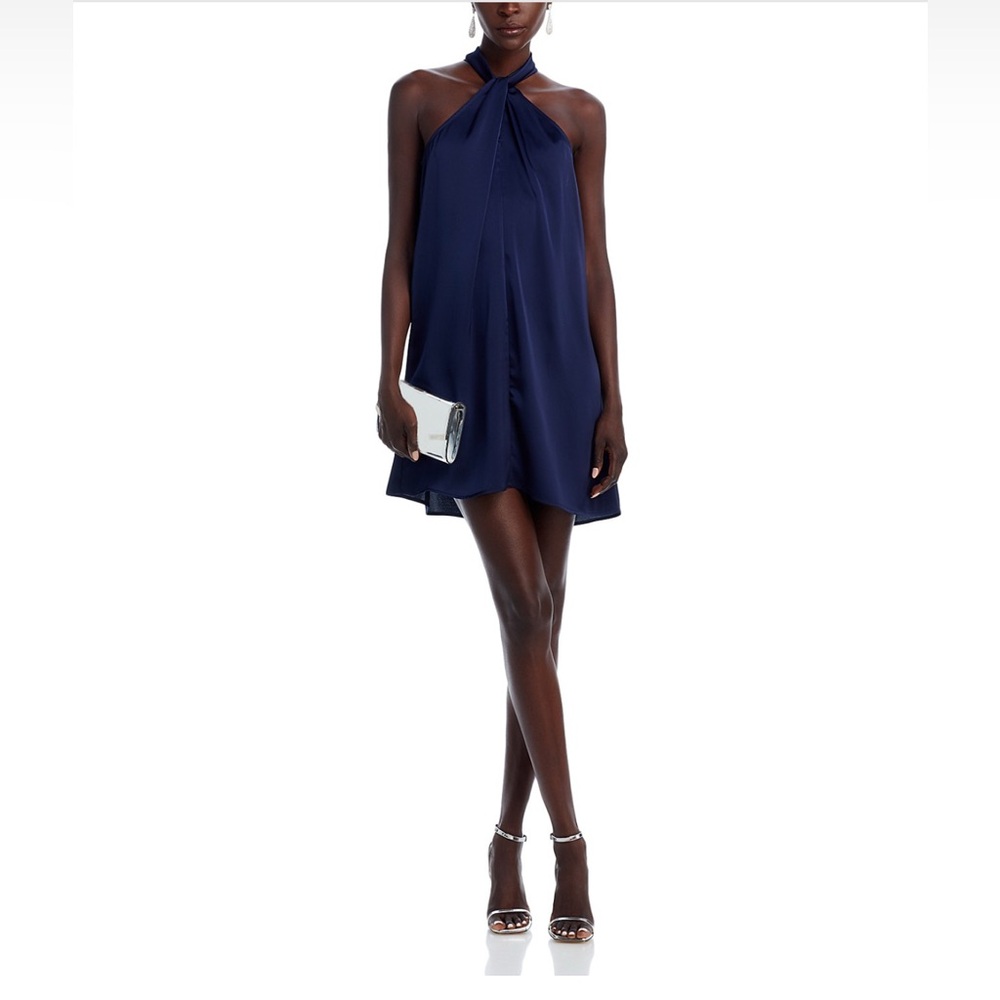 Satin Navy Tie-Neck Halter Dress